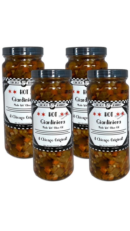 four pack hot giardiniera pints in olive oil